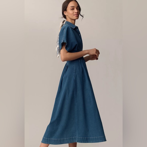 Anthropologie x Exquise The Tobie Button-Front Pleated Shirt Dress Denim S NWT - Picture 4 of 15